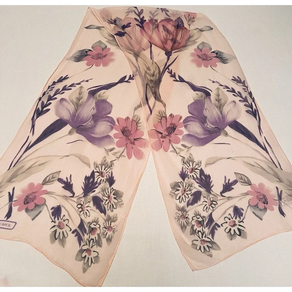 Jones New York Vintage 100% Silk Sheer Floral Scarf Peach Pink Mauve Japan 51.5”